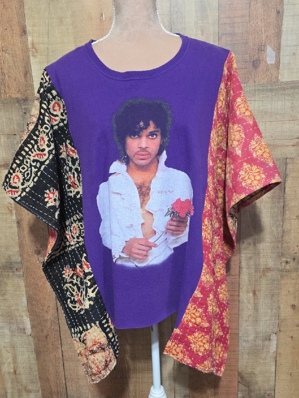 Upcycled Purple Prince Tee With Kantha Mixed-Print Sleeves